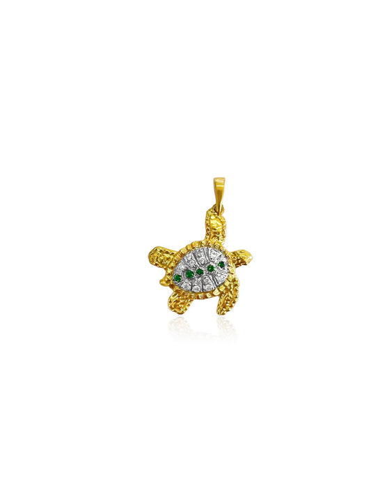 14K Gold Two-tone Diamond Turtle with Tsavorite accents